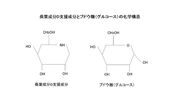 DNJとブドウ糖（グルコース）の化学構造の図